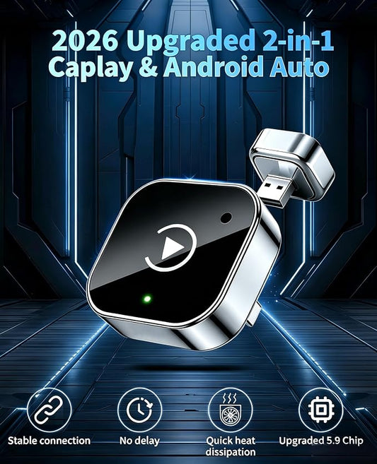 Wireless CarPlay Adapter, 2026 Upgraded Convert Wired to Wireless, 2-in-1 CarPlay & Android Auto, Plug & Play, Auto-Connect & No Latency, USB/USB-C for Cars with Built-in CarPlay iOS 10+/Android 11+