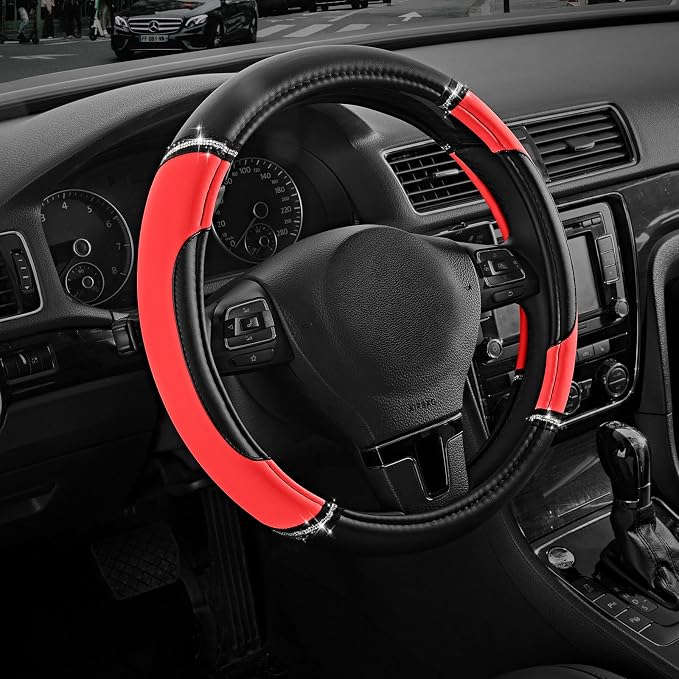 Road Comforts Leather Steering Wheel Cover - Made with PVC Leather - Anti-Slip, Universal Fit 14 1/2 inches to 15 inches - Red