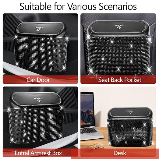 NBTEPEM Bling Car Trash Can with Lid - 2 Pack, Mini Auto Garbage Can with 60 Trash Bags, Automotive Garbage Container Bin, Bling Car Accessories Trash Can for Women (Black Diamond)