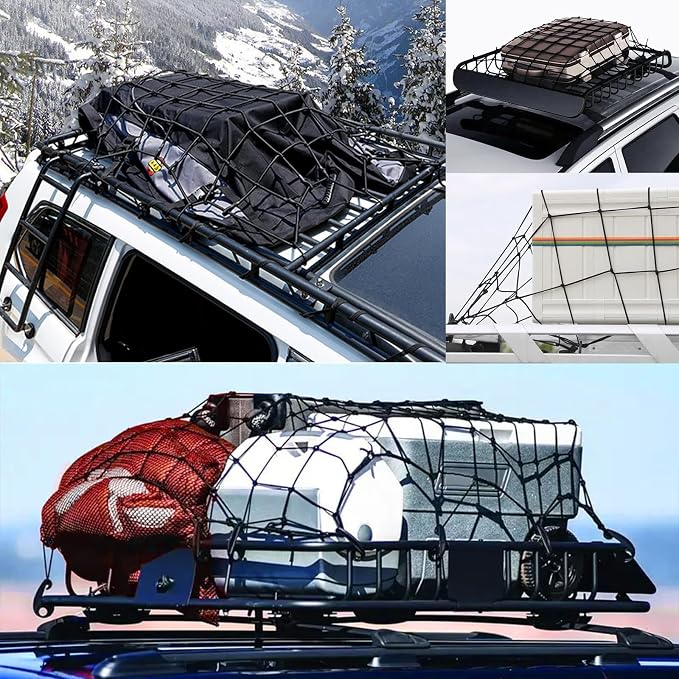 Heavy Duty Cargo Net for Pickup Truck Bed - 4' x 6' Stretches to 10' x 15' - Small 4"x4" Latex Bungee Net Mesh with 24 Clips - Compatible with Ford, Chevy, Dodge Ram, Toyota