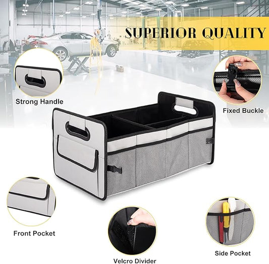 JiatuA Car Trunk Organizer, Car Organizers and Storage Collapsible Multi Compartment Container Box, Adjustable Car Accessories for SUV Sedan Truck, Standard Size, Grey