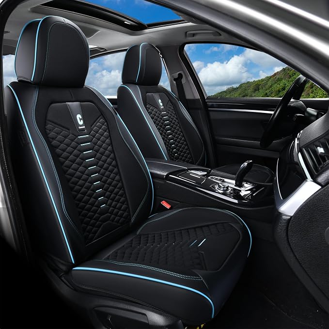 Coverado Car Seat Covers Full Set, 5 Seats Universal Seat Covers for Cars, Breathable Fabric Faux Leather Auto Seat Cushions, Front and Rear Seat Protectors Fit for Most Sedans SUV Truck, Black&Blue