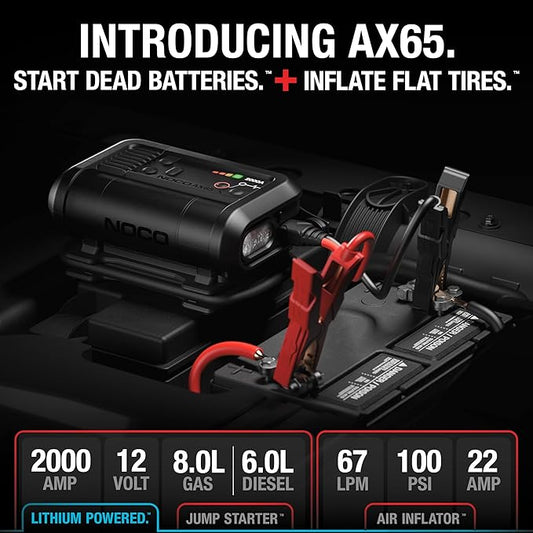NOCO Boost+Air AX65: 2000A Jump Starter with Air Compressor Tire Inflator – Starts 8.0L Gas & 6.0L Diesel – 67 SLPM Airflow Inflates 0–40 PSI in 2 Minutes