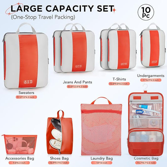 OlarHike 10 Set Compression Packing Cubes for Travel Essentials,Compressible Expandable Packing Cubes for Suitcase,Luggage Garment Bags with Over 99 pcs of Mesh Holes(Orange)