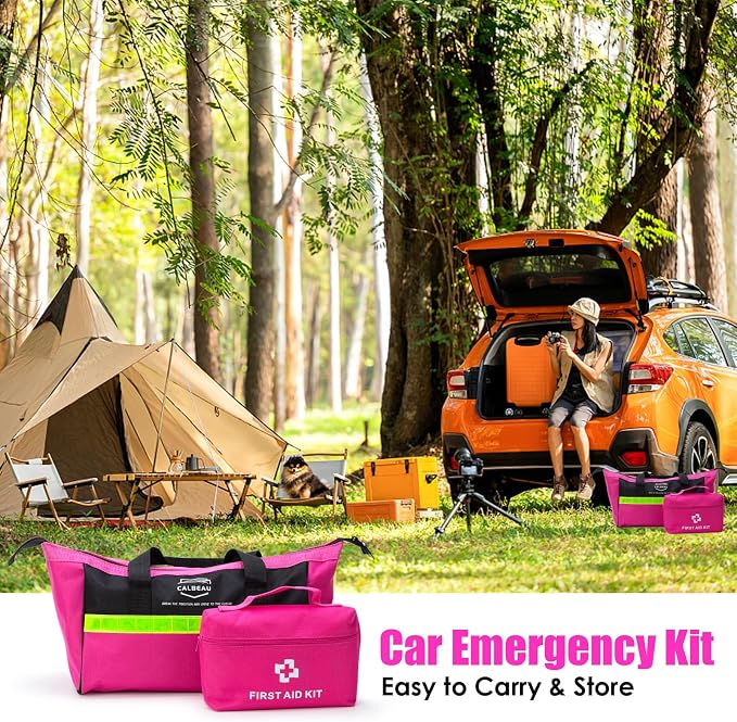 CALBEAU Roadside Emergency Car Kit for Vehicles, Pink Emergency Roadside Assistance kit with Car First Aid Kit, Thoughtful Car Emergency Kit for Women, Men, New Drivers and Adventurers Gifts
