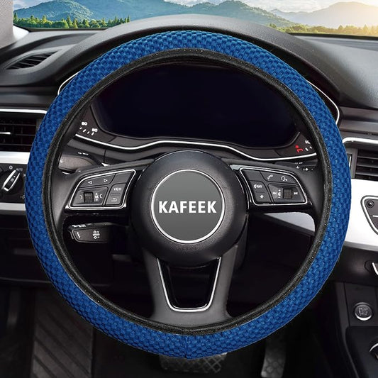 KAFEEK Elastic Stretch Steering Wheel Cover 15 Inch, Breathable Ice Silk Microfiber, Non-Slip Grip, Warm in Winter and Cool in Summer, Odorless, Car Accessories Fit Cars, SUVs, Light Blue