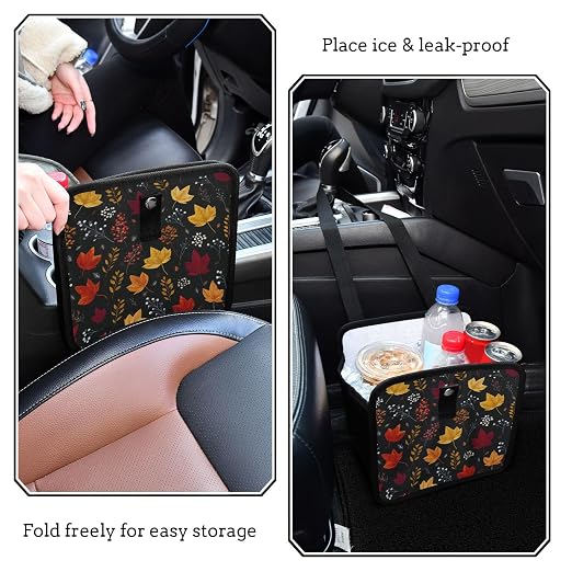 Car Trash Can Organizer Bin with Adjustable Strap for Back Front Seat Console Waterproof Leakproof Collapsible Portable 8.66 Inch Autumn Leaf Pattern Black