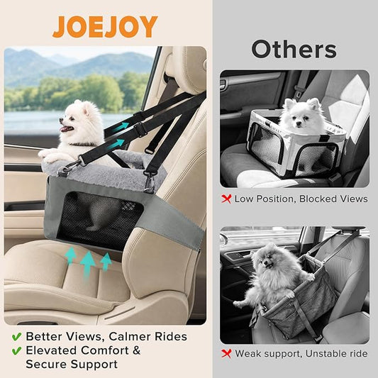 JOEJOY Deluxe Dog Booster Seat with Sturdy Metal Frame and Safety Leash for Small Pets up to 20 lbs - Portable Puppy Dog Car Seat with Thick Cushion and Storage Pockets for Small Dogs