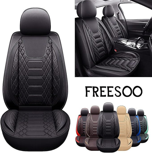 FREESOO Car Seat Covers Front Only 2pcs, Leather Driver Seat Cover Protector Airbag Compatible Universal Fit for Sedan SUV Pick-up Truck Van (Black 8-2PCS)