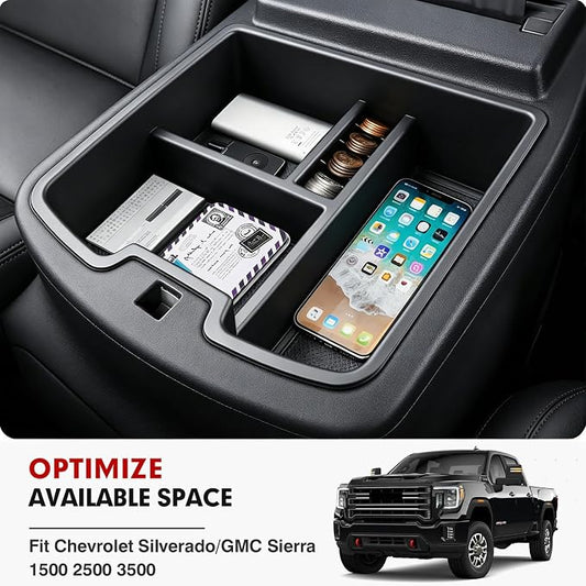Autorder Center Console Organizer for 2007-2014 Chevrolet Silverado Avalanche Tahoe Suburban 1500 2500 GMC Sierra Yukon XL - Only Fits Floor-Mounted Center Armrest with Black & Red Mats