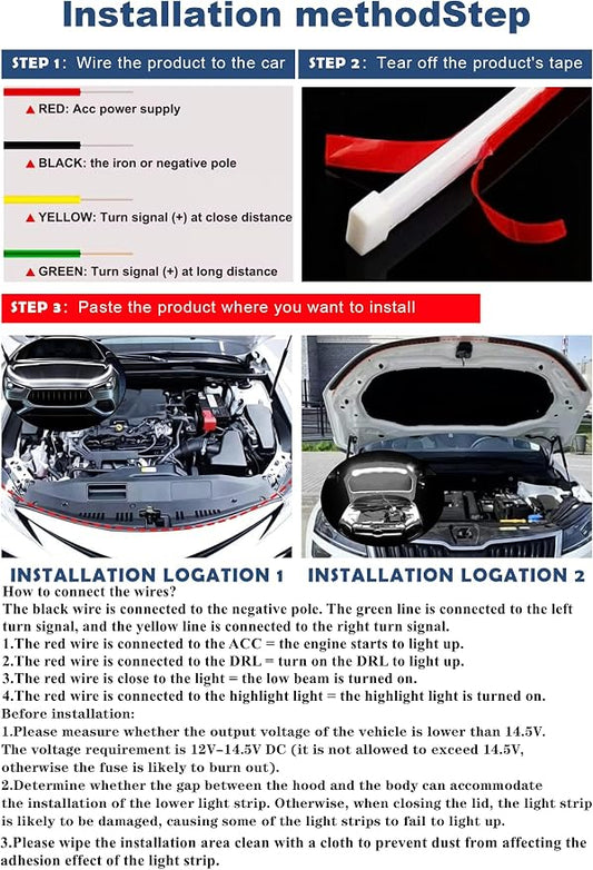 Car LED Hood Light Strip, 12V Flexible Waterproof Daytime Running Lights for Car, Universal Engine Cover Decoration Accessories for Cars, SUVs, Trucks, Dynamic Scan Start-up Effect (RGB, 70 Inches)