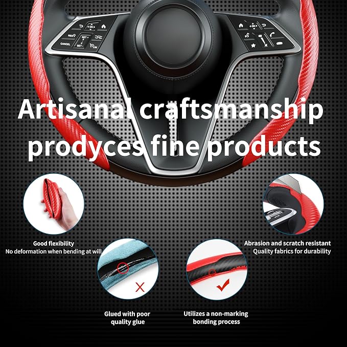 Carbon Fiber Steering Wheel Cover, 3-Piece Set Anti-Skid Comfortable Grip Segmented Butterfly Design, Easy Snap-On Installation Universal Fit 99% Cars, Red
