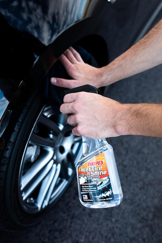 ABRO Black Xtreme Wet Tire Shine, 16 oz., Tire Dressing for Deep Glossy Finish for Protection and Conditioning, Long-Lasting Tire Shine Spray, Fights Cracking and Fading, No Buffing Required