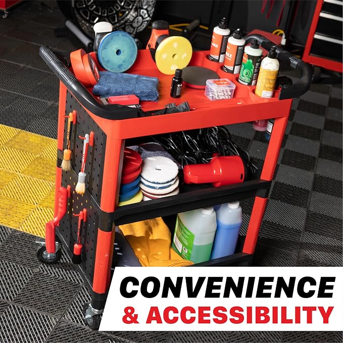 Maxshine Premium Universal Heavy Duty Detailing Cart – 3-Tier Mobile Car Detailing Cart with Locking Casters, Storage Shelves, Brush Holder & Pegboard Organizer – Garage & Mobile Auto Detailing