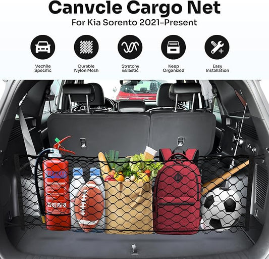 Canvcle Trunk Cargo Net for 2021-2025 2026 Kia Sorento Accessories Envelope Style Mesh Trunk Net Organizer and Storage Stretchable Adjustable Elastic Nylon Rear Cargo Netting with Hooks