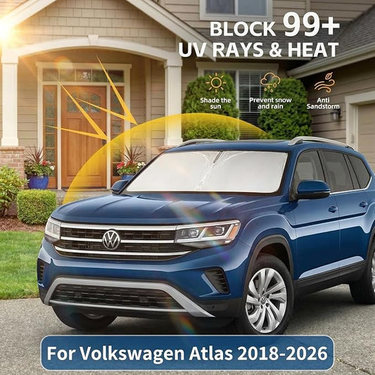 Windshield Sun Shade for VW/Volkswagen Atlas 2018-2024 2025 2026 Front Window Shade Custom Fit Atlas Accessories Sun Visor Foldable Shade Blocks UV Rays Summer Must Have Car Accessories