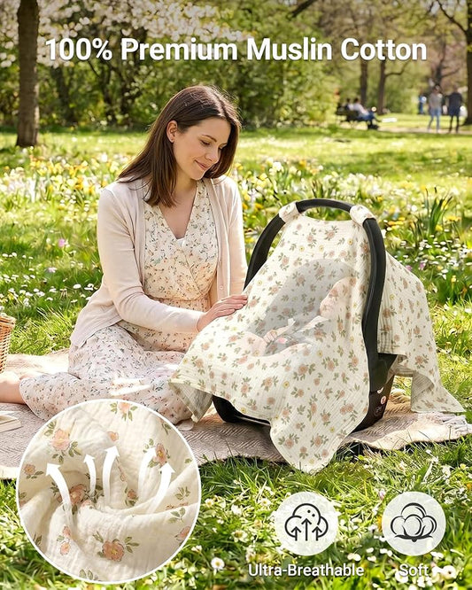 Metplus 100% Muslin Car Seat Cover Baby & Nursing Cover, Soft Breathable Infant Carseat Canopy for Summer, Stroller & Carrier Sunshade for Boys Girls (Flowers)