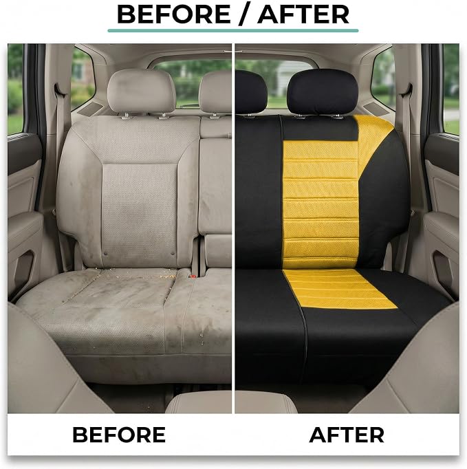 FH Group Automotive Car Seat Covers Rear Set Premium 3D Air Mesh Seat Covers, Airbag Compatible and Split Bench Cover Universal Fit Interior Accessories for Cars Trucks and SUVs - Yellow