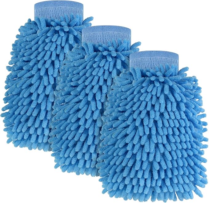 3 Pack Chenille Microfiber Car Wash Mitt, 7" x 9.6" Car Washing Mitts, Home Dusting Gloves, Scratch Free Lint-Free, Highly Absorbent, Double Sided, for Cleaning Detailing Polish (Blue)