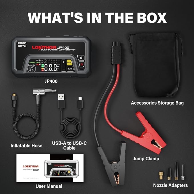 LOKITHOR JP400 Jump Starter with Air Compressor, 2500A 12V Car Battery Jumper Starter Portable (8.5L Gas/6.5L Diesel) Jump Box for Car Battery with ConnectMax, 150PSI Tire Inflator, Jumper Cables