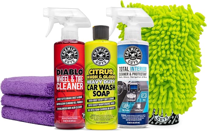 Chemical Guys Car Cleaning Kit - with Car Wash Soap, Wheel Cleaner, Total Interior, Car Wash Mitt - Interior and Exterior Wash Kit with Vehicle Cleaning and Detailing Accessories - 7 Item Kit