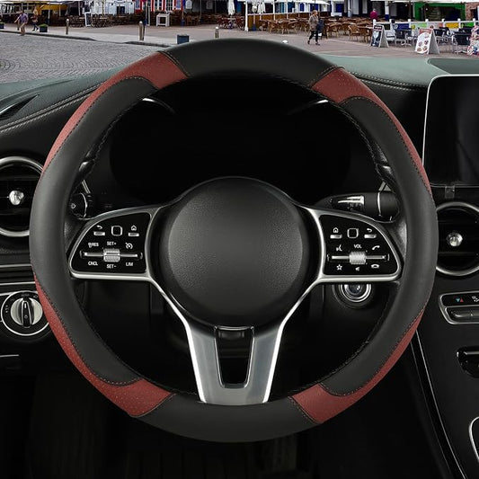 Microfiber Leather Steering Wheel Cover, Breathable, Anti Slip, 13.5 inch to 14 inch, Black with Burgundy