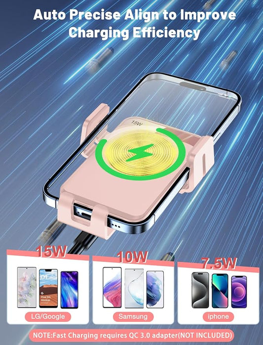 Wireless Car Charger, MOKPR Auto-Clamping Car Mount 15W/10W/7.5W Fast Charging Air Vent Car Phone Mount Compatible with iPhone 15/14/13/13 Pro/12 Pro Max/12 pro/12/11/10 Series, Samsung Galaxy Pink