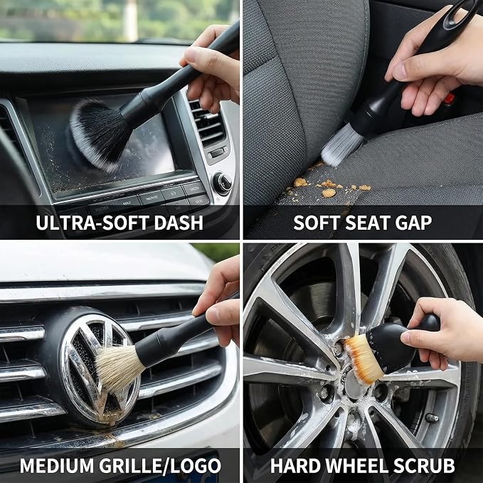 5 PCS Car Detailing Brush Set, Ultra-Soft Boar Hair Brushes for Interior & Exterior Cleaning, Multi-Use Duster for Air Vents, Wheels & Leather, Professional Car Wash Supplies