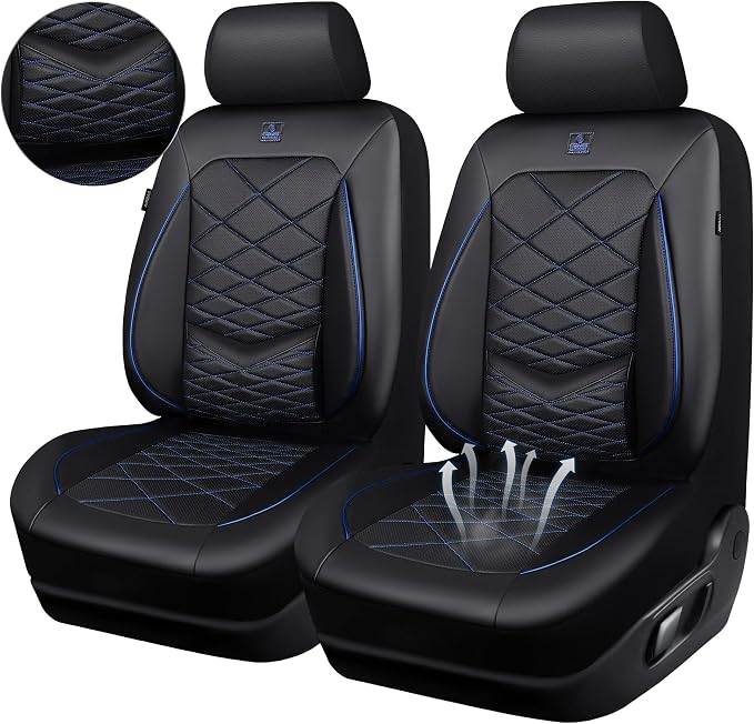 CAR PASS Luxury Nappa Leather Seat Covers Front, Water Resistant 3D Memory Foam Car Seat Covers with Lumbar Support,Thick Seat Cover Airbag Compatible Universal Fit for Sedan SUV Van Truck, Black Blue