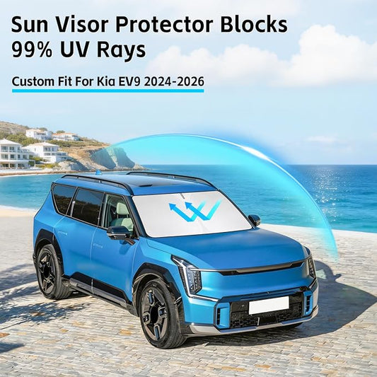 Windshield Sun Shade for Kia EV9 2024-2026 Sunshade 300T Windshield Cover Shield Protector Blocks UV Rays Custom Fit EV9 Front Window Shades Windshield Accessories Keep Cool Foldable