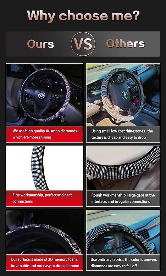 Car Sparkly Steering Wheel Cover Bedazzled for Women Girls, Large Size 15 1/2''-16'' inch Colorful Bling Anti-Slip Wheel Protector, Black