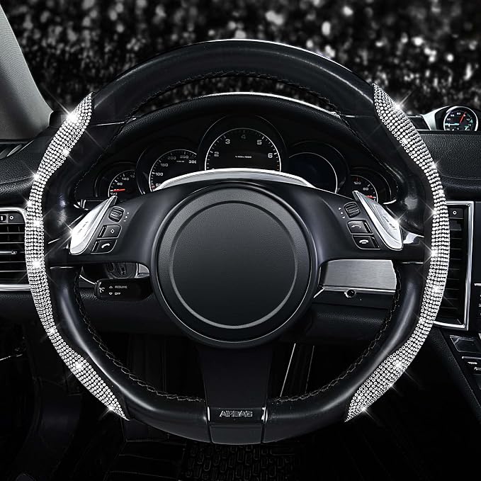 CAR PASS Bling Diamond Segmented Steering Wheel Cover with Crystal Rhinestones, 2PCS Wheel Protector Non-Slip Cute Car Accessories Universal Fit D-Shape O-Shape 14.5" to 16" for Women, Silver Diamond