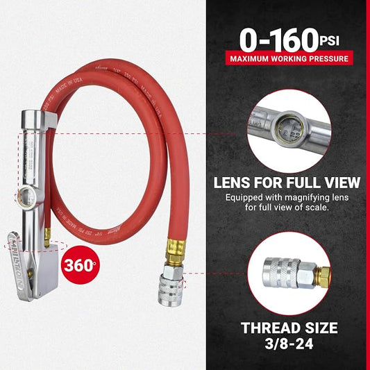 Milton 502 Heavy-Duty Analog Tire Inflator with Pressure Gauge, 3' Hose Kwik Grip Safety Inflator Gage, Made in USA (OSHA Compliant) 10-160 PSI