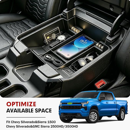 Autorder Center Console Organizer for 2022-2026 Chevy Chevrolet Silverado&Sierra 1500/2024-2026 Silverado&GMC Sierra 2500HD/3500HD Accessories Armrest Storage Box(Only Fit Full Console w/Bucket Seats)