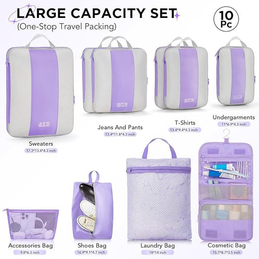 OlarHike 10-Pack Compression Packing Cubes for Travel Essentials,Compressible Expandable Packing Cubes for Suitcase,Luggage Garment Bags for Travel,Handy Helper for Organizing Clothes(Light Purple)