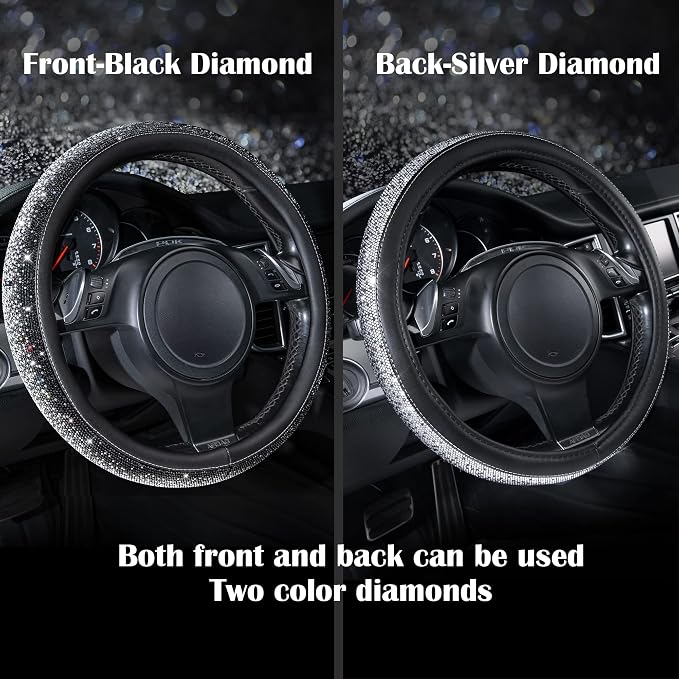 CAR PASS Bling Diamond Leather Steering Wheel Cover, Bling Sparkly Crystal Glitter Rhinestones Universal Fit 14" 1/2-15" Car Wheel Protector for Women Girl Fit Suvs,Vans,Sedans,Trucks, Black Silver