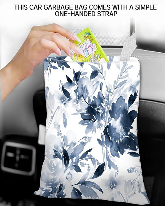 Car Garbage Can, Hanging Car Trash Can Bag for Cute Car Back Seat Organizer, Cute Blue Flowers
