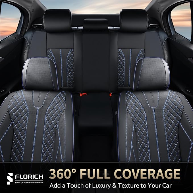FLORICH Leather Seat Covers for Cars, Car Seat Cover Full Set Luxury Faux Leather Waterproof Seat Cover Full Coverage Seat Protector Universal Fit for Most Cars SUV Trucks, Black&Blue Line