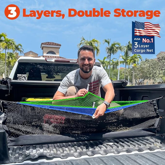 3-Layer Cargo Net for Toyota Tundra 2007-2026, Zoned Storage Truck Bed Net with Foldable Zippered Bottom Bag, Heavy-Duty Cargo Organizer Netting for Camping, Trips & Everyday Use