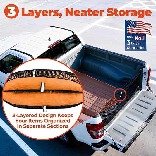 3-Layer Cargo Net for Honda Pilot/Passport 2023-2026, Zoned Storage Trunk Net with Foldable Zippered Bottom Bag, Heavy-Duty Cargo Organizer Netting for Camping, Trips & Everyday Use