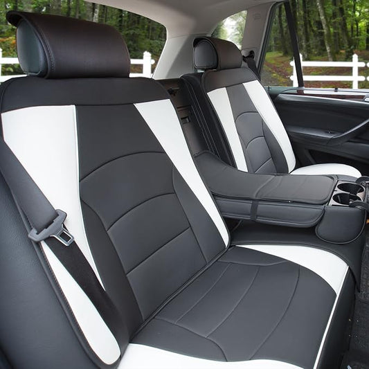 FH Group Car Seat Cover for Back Seat White Black Faux Leather - Universal Fit, Rear Seat Covers for Cars with Rear Split Bench, Car Seat Cushions, Car Interior Accessories for SUV, Sedan, Van