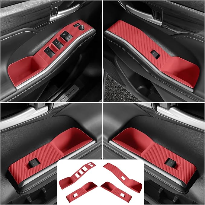 Temmis 4PCS Car Door Window Switch Panel Cover for Toyota Highlander 2020-2026, Auto Interior Decor Accessories Armrest Trim Silicone Style Kit-Red
