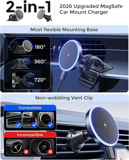 2-in-1 15W Magsafe Car Mount Charger, Magnetic Wireless Car Charger, 360° Dashboard & Air Vent Phone Mount, Phone Holders for Your Car, Car Accessories for Men Women for iPhone 17-12