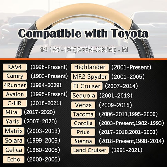 GIANT PANDA Car Steering Wheel Cover for Toyota RAV4,Camry,Highlander,Corolla,Prius,Tacoma,Standard Size - Black+Beige