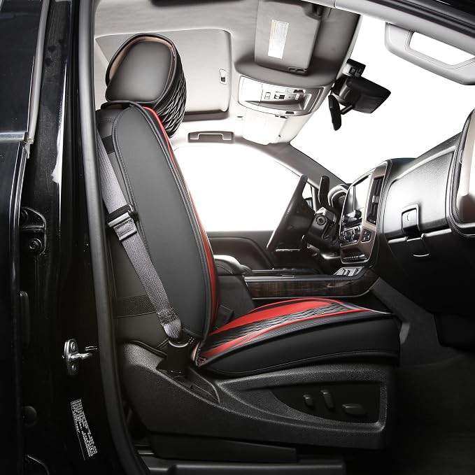JOJOBAY Chevy Silverado Seat Covers,Leather Seat Covers for GMC Sierra,Custom Fit 2007-2026 1500 2500HD 3500HD Crew Double Extended Regular Cab,LT LZT RST Trail Boss(Front Pair,Black Red)