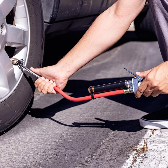 NEIKO 20701A Tire Inflator | 12 Inch | Flexible Air Tire Pressure Gauge | 20 – 120 PSI | 1/4” NPT Offset Dual Head Chuck | Tire Filler with Hose | Aluminum Body and Brass Valves | Stem Valve Caps