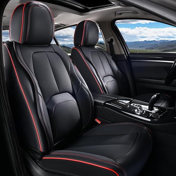 Coverado Car Seat Covers Full Set, Premium Nappa Leather Seat Covers for Car, Waterproof Car Seat Protector with Lumbar Support, Car Seat Cover Universal Fit for Most Cars SUV Truck(Black&Red)