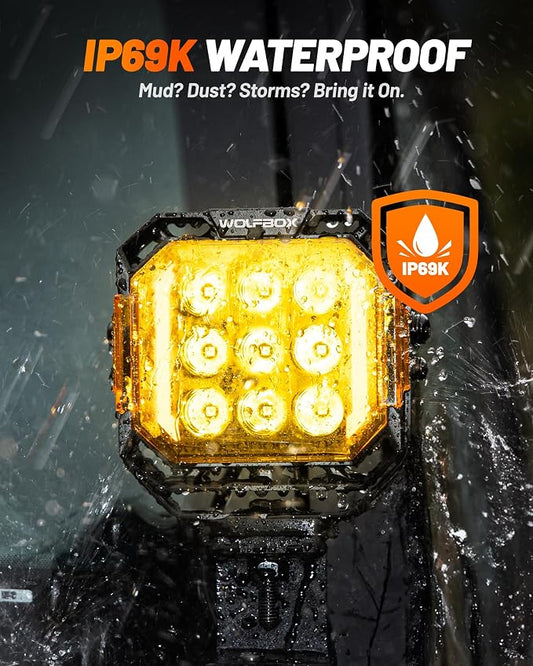 WOLFBOX 5 Inch LED Pods with True Power Lumens - Professional Off Road Lights with Amber DRL Spot Flood Beam, IP69K Waterproof Driving Lights for Jeep Ford UTV ATV, 5-Year Warranty