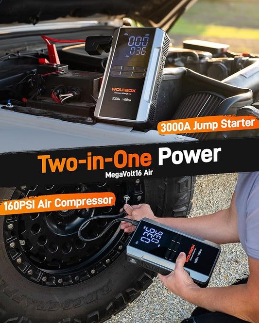 WOLFBOX MV16A 3000A Jump Starter with Air Compressor, 59.2Wh&160PSI Portable Car Battery Jump Starter with 65W Fast Charging, 12V Battery Pack (8L Gas 6L Diesel) with Boost, Light and Jumper Cables