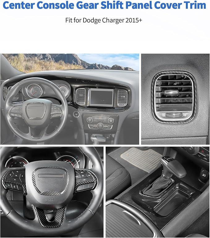 for Dodge Charger 2015+ Central Control Interior Cover Trim Kit, 10pcs Carbon Fiber Central Control Dash & Gear Shift Panel Decor Cover Trim Set Interior Accessories